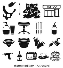 Tattoo, drawing on the body black icons in set collection for design. Tattoo salon and equipment vector symbol stock web illustration.