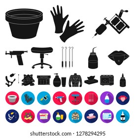 Tattoo, drawing on the body black,flat icons in set collection for design. Tattoo salon and equipment vector symbol stock web illustration.