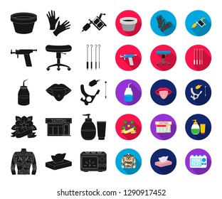 Tattoo, drawing on the body black,flat icons in set collection for design. Tattoo salon and equipment vector symbol stock web illustration.