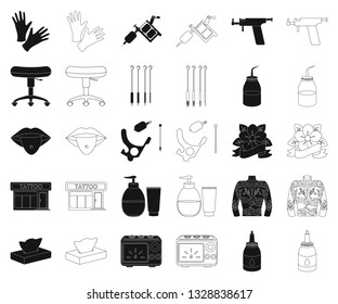 Tattoo, drawing on the body black,outline icons in set collection for design. Tattoo salon and equipment vector symbol stock web illustration.