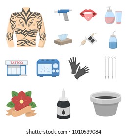 Tattoo, drawing on the body cartoon icons in set collection for design. Tattoo salon and equipment vector symbol stock web illustration.