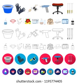Tattoo, drawing on the body cartoon icons in set collection for design. Tattoo salon and equipment vector symbol stock web illustration.
