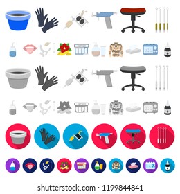 Tattoo, drawing on the body cartoon icons in set collection for design. Tattoo salon and equipment vector symbol stock web illustration.