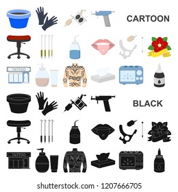 Tattoo, drawing on the body cartoon icons in set collection for design. Tattoo salon and equipment vector symbol stock web illustration.
