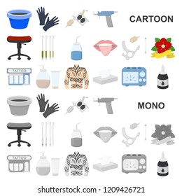 Tattoo, drawing on the body cartoon icons in set collection for design. Tattoo salon and equipment vector symbol stock web illustration.