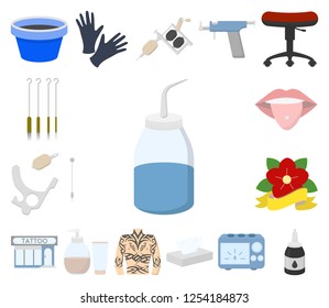 Tattoo, drawing on the body cartoon icons in set collection for design. Tattoo salon and equipment vector symbol stock web illustration.