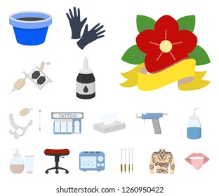 Tattoo, drawing on the body cartoon icons in set collection for design. Tattoo salon and equipment vector symbol stock web illustration.