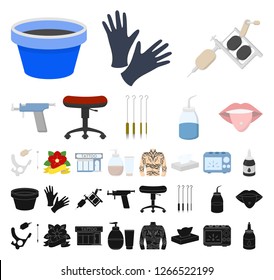 Tattoo, drawing on the body cartoon, black icons in set collection for design. Tattoo salon and equipment vector symbol stock web illustration.
