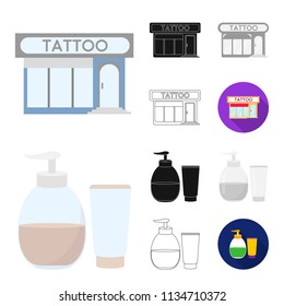 Tattoo, drawing on the body cartoon,black,flat,monochrome,outline icons in set collection for design. Tattoo salon and equipment vector symbol stock web illustration.