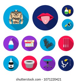 Tattoo, drawing on the body flat icons in set collection for design. Tattoo salon and equipment vector symbol stock web illustration.