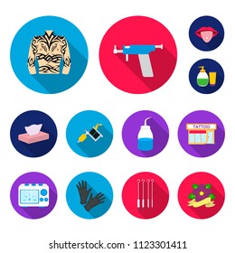 Tattoo, drawing on the body flat icons in set collection for design. Tattoo salon and equipment vector symbol stock web illustration.