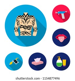 Tattoo, drawing on the body flat icons in set collection for design. Tattoo salon and equipment vector symbol stock web illustration.