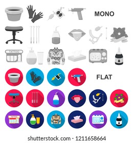 Tattoo, drawing on the body flat icons in set collection for design. Tattoo salon and equipment vector symbol stock web illustration.