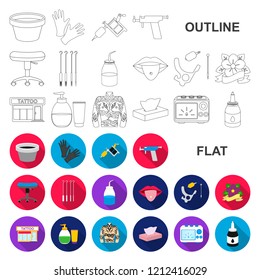 Tattoo, drawing on the body flat icons in set collection for design. Tattoo salon and equipment vector symbol stock web illustration.