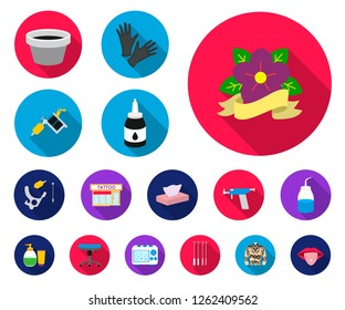 Tattoo, drawing on the body flat icons in set collection for design. Tattoo salon and equipment vector symbol stock web illustration.