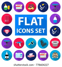Tattoo, drawing on the body flat icons in set collection for design. Tattoo salon and equipment vector symbol stock web illustration.