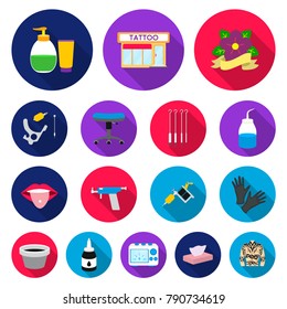 Tattoo, drawing on the body flat icons in set collection for design. Tattoo salon and equipment vector symbol stock web illustration.