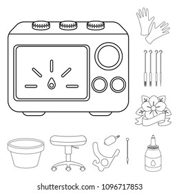 Tattoo, drawing on the body outline icons in set collection for design. Tattoo salon and equipment vector symbol stock web illustration.