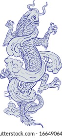 Tattoo drawing sketch style illustration of a koi carp fish transforming into a mythical dragon on isolated white background.