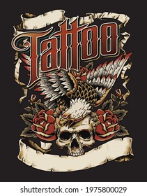 Tattoo Eagle with Skull and Roses Logo with Scrolls
