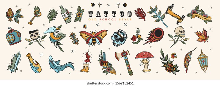 Tattoo elements collection. Big set. Old school flash tattooing style 