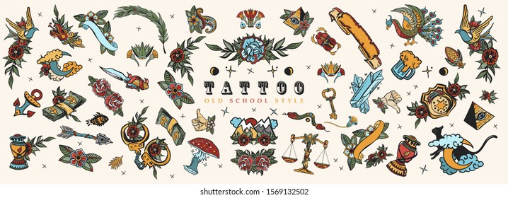 Tattoo Elements Collection. Big Set For Design. Old School Tattooing Style