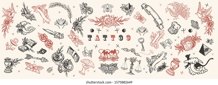 Tattoo elements collection. Big set for design. Vintage art. Old school tattooing style 