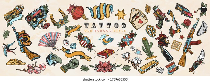 Tattoo Elements Collection. Big Set For Design. Old School Tattooing Art 