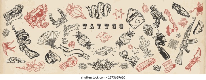 Tattoo elements collection. Big set for design. Old school flash tattooing style, vector graphic art 