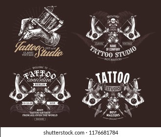 Tattoo emblems, badges and labels collection. Set of tattoo shops and salon logo and sign. Vector hand drawn engraving illustrations