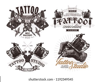 Tattoo emblems, badges and labels collection. Set of tattoo shops and salon logo and sign. Vector hand drawn engraving illustrations