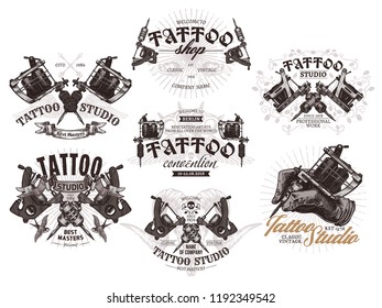Tattoo emblems, badges and logo collection. Set of tattoo shops and salon labels and sign. Vector hand drawn illustrations in engraving style