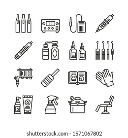 Tattoo equipment line icon set. Flat tools collection. Tattoo machine, cartridge, needle, glove, paint, disinfection, care, sterilization. Vector illustration.