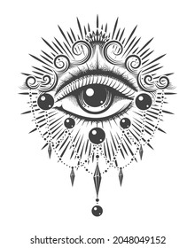 Tattoo of Esoteric Symbol All Seeing Eye isolated on white. Vector illustration.