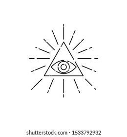 Tattoo eye in triangle with rays, line symbol of masons, vector linear esoteric sign