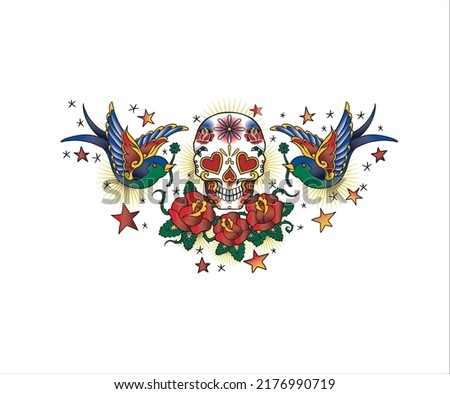 tattoo faces ornaments designs with white backgroud skull bird flowers