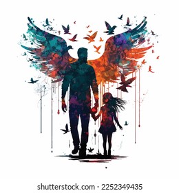 tattoo father with daughter holding hands, silhouettes, background with phoenix