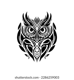 ﻿Owl tattoo featuring black  white designs with Polynesian influences.