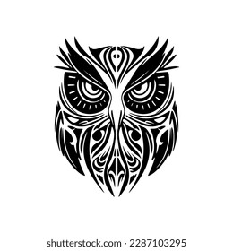 ﻿Owl tattoo featuring black and white with Polynesian designs.