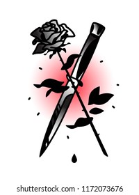 A tattoo featuring a knife and a rose. Vector illustration. Tattoo in the style of the old American school. Image is isolated on white background. Fashionable hipster's tattoo. Contour black and white