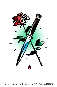A tattoo featuring a knife and a rose. Vector illustration. Tattoo in the style of the old American school. Image is isolated on white background. Fashionable hipster's tattoo. Contour color pattern.