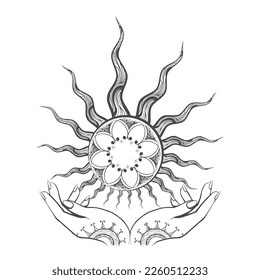 Tattoo of Female Hands holds Sun Mystic Tattoo Isolated on White. vector Illustration.