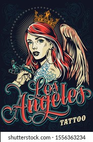 Tattoo Fest In Los Angeles Poster With Male Hand Getting Tattoo Of Flowers On Shoulder Of Attractive Girl In Gold Royal Crown With Angel Wing Vector Illustration