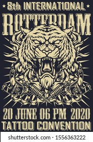 Tattoo fest vintage monochrome poster with aggressive tiger head crossed tattoo machines and brass knuckles vector illustration