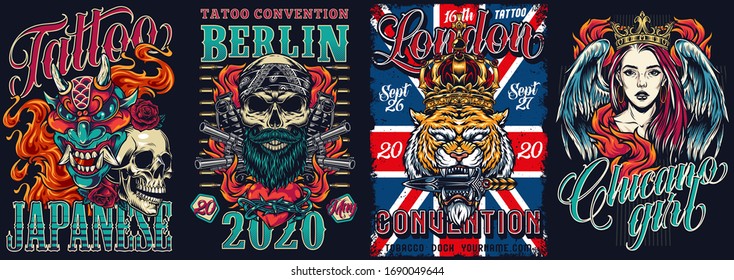 Tattoo Festival And Chicano Style Vintage Posters With Devil Mask Skull In Bandana Pistols Grenades Angry Tiger Head In Crown Girl With Angel Wings Vector Illustration