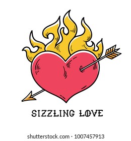 Tattoo flaming heart pierced by gold arrow  Sizzling love  Red burning heart  Passionate heart  Old  school styled tattoo flaming heart