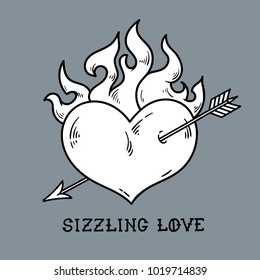Tattoo flaming heart pierced by gold arrow. Sizzling love. Red burning heart. Passionate heart. Old-school styled tattoo of flaming heart. Black and white tattoo