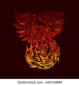 Tattoo with flaming phoenix in doodle tribal style. hand drawn stylized illustration. phoenix flight, original artwork. fire bird in flight.