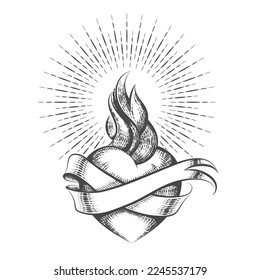 Tattoo of Flaming Sacred Heart Symbol Drawn in Etching Style.
Vector illustration isolated on white background