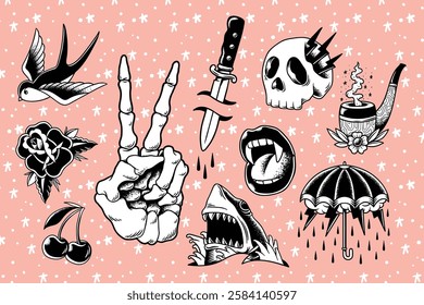 Tattoo flash art with skull, dagger, and peace sign. Classic tattoo designs like skull, dagger, and peace sign on a pink background with stars. Vintage art illustration, vector.